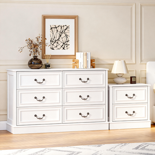 HAMPTON 6 Drawer Chest of Drawers Bedside Table Bedroom Set Vintage Lowboy Dresser Storage Cabinet White