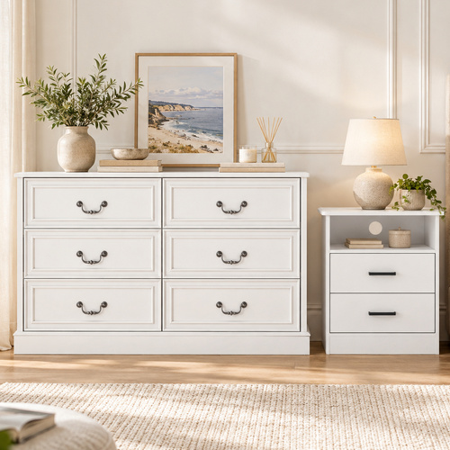 White Bedroom Furniture Set – 6 Drawer Chest of Drawers & 2 Drawer Bedside Table with Open Shelf