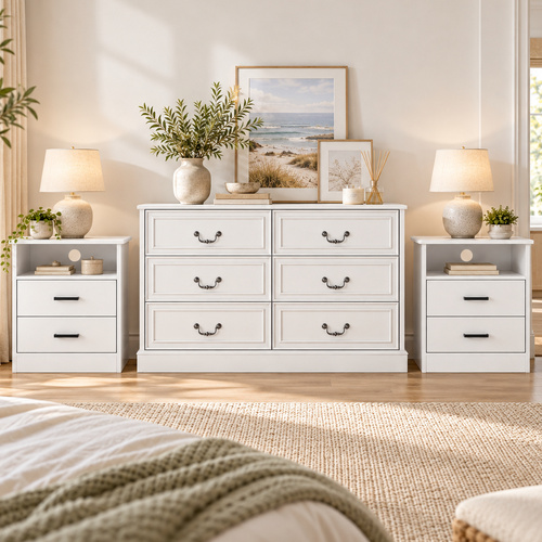 White 6 Drawer Chest of Drawers & 2 Bedside Tables Bedroom Furniture Set