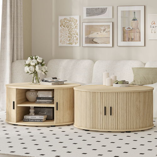 Round Coffee Table, Fluted End Table, 80CM Drum Coffee Table Set of 2 with Sliding Tambour Door