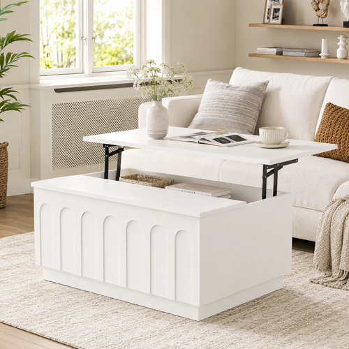 Opera White Lift Top Coffee Table with Storage- Square Coffee Table with Large Hidden Compartmen