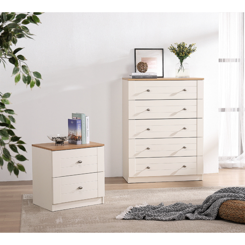 Harriet 5-Drawer Tallboy +HARRIET 2 DRAWER BEDSIDE (Pine color)