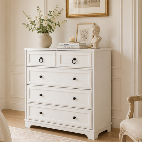 CABOT 5-Drawer Tallboy - White Chest of Drawers Coastal Bedroom Storage Cabinet