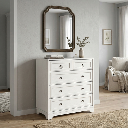 CABOT 5-Drawer Tallboy - White Chest of Drawers Coastal Bedroom Storage Cabinet