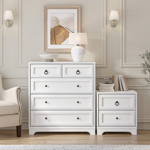 CABOT White 5 Chest of Drawers Tallboy + Bedside Table Coastal Bedroom Storage Cabinet