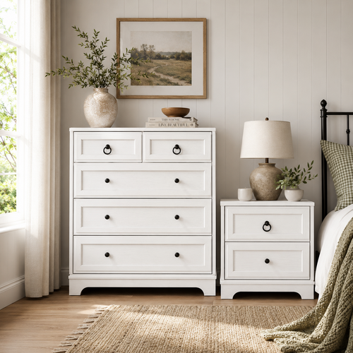CABOT White 5 Chest of Drawers Tallboy + Bedside Table Coastal Bedroom Storage Cabinet