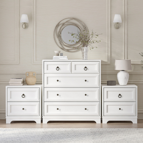 CABOT White 5 Chest of Drawers Tallboy + 2 Bedside Tables Coastal Bedroom Storage Bundles