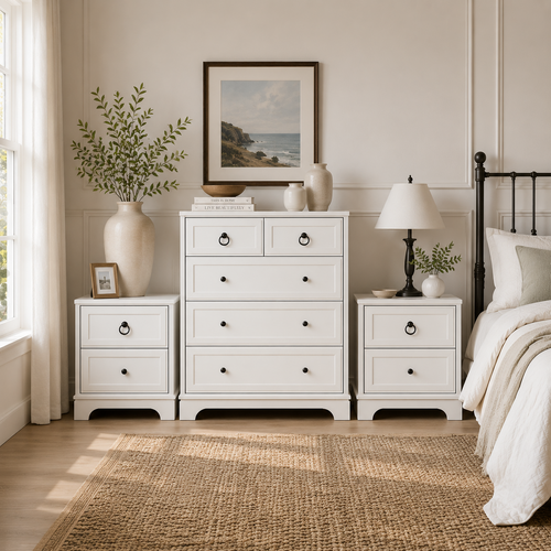 CABOT White 5 Chest of Drawers Tallboy + 2 Bedside Tables Coastal Bedroom Storage Bundles