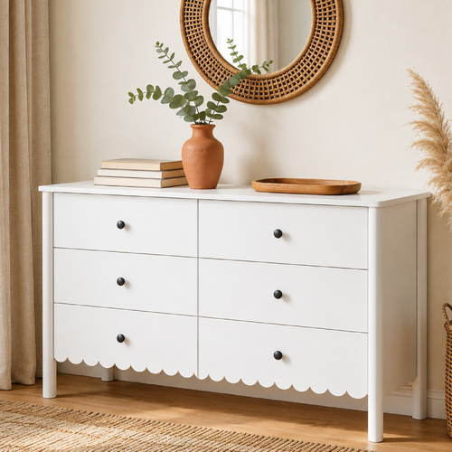 HARLA 6-Drawer Dresser in White with Scalloped Detail