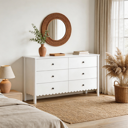 HARLA 6-Drawer Dresser in White with Scalloped Detail