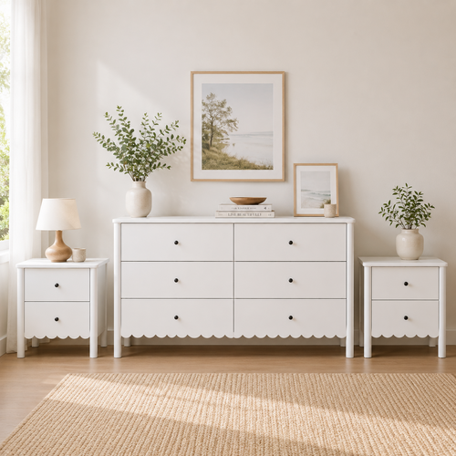 HARLA White 6 Chest of Drawers Dresser + 2 Bedside Tables Bedroom Bundles with Scalloped Detail