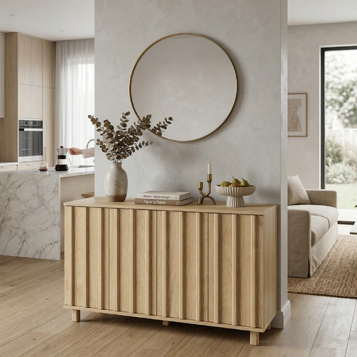 Modern Fluted Sideboard Cabinet in Light Oak | 4-Door Storage Buffet