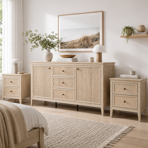 LINDLEY 3-Piece Furniture Set: Modern Minimalist Sideboard Buffet & Matching Nightstands Combo