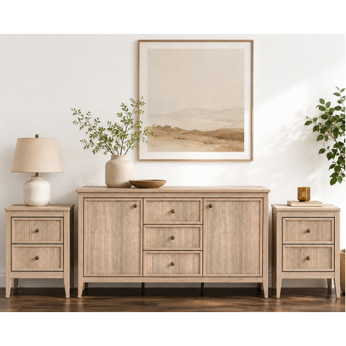 LINDLEY 3-Piece Furniture Set: Modern Minimalist Sideboard Buffet & Matching Nightstands Combo