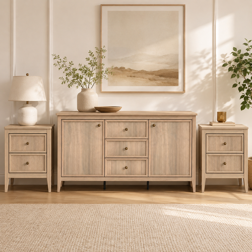 LINDLEY 3-Piece Furniture Set: Modern Minimalist Sideboard Buffet & Matching Nightstands Combo