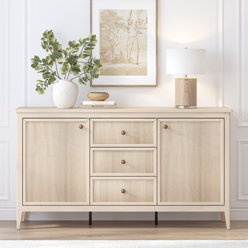 LINDLEY Fluted Natural Oak Buffet Sideboard - 2 Door 3 Drawer Cabinet