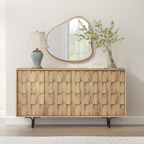 ISAAC 4-Door Sideboard Buffet Storage Cupboard | Natural Wood Minimalist Contemporary Design