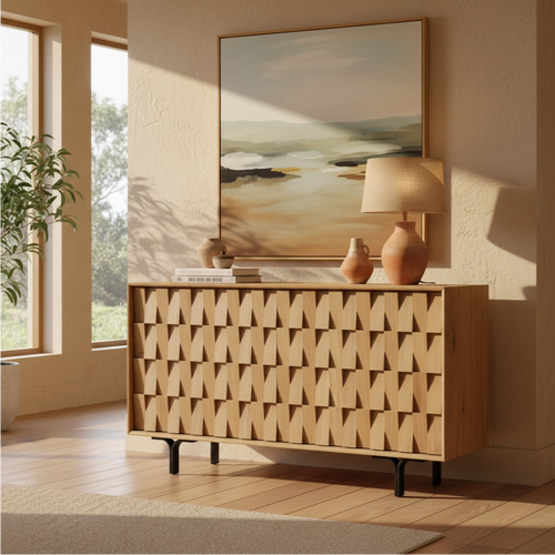 ISAAC 4-Door Sideboard Buffet Storage Cupboard | Natural Wood Minimalist Contemporary Design