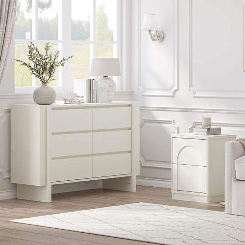 AMBER 6 Drawer Chest of Drawers + Bedside Table Dresser Storage Lowboy Cabinet White for Bedroom