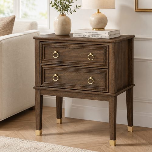 Walnut 2-Drawer Bedside Table with Gold Ring Pulls, Vintage Timber End Side Cabinet for Bedroom Living Room