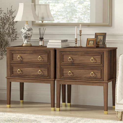 Walnut 2-Drawer Bedside Table Set of 2 Vintage Timber End Side Cabinet for Bedroom Living Room