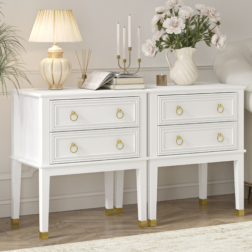 White 2-Drawer Bedside Table Set of 2 Vintage Timber End Side Cabinet for Bedroom Living Room
