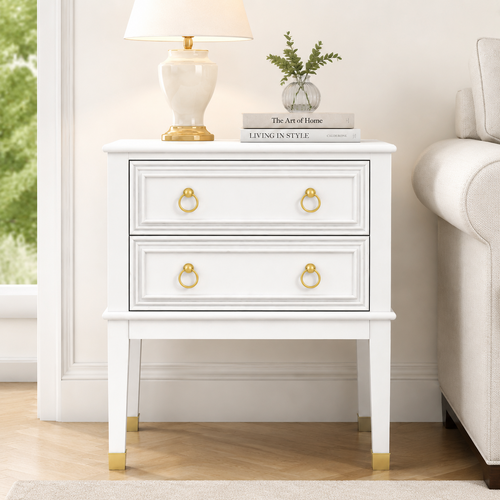White 2-Drawer Bedside Table Vintage Timber End Side Cabinet for Bedroom Living Room