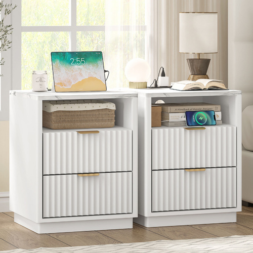CLAYTON White Bedside Table Set of 2 with USB Charging Station for Bedroom Living Room