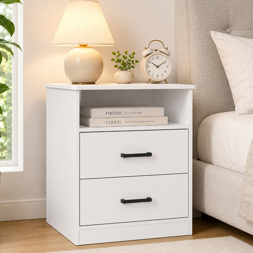 White Bedside Table 2 Drawer with Cable Hole Storage Nightstand