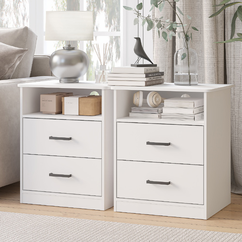 White 2 Drawer Bedside Table Set of 2 with Cable Hole Storage End Side Table for Bedroom Living