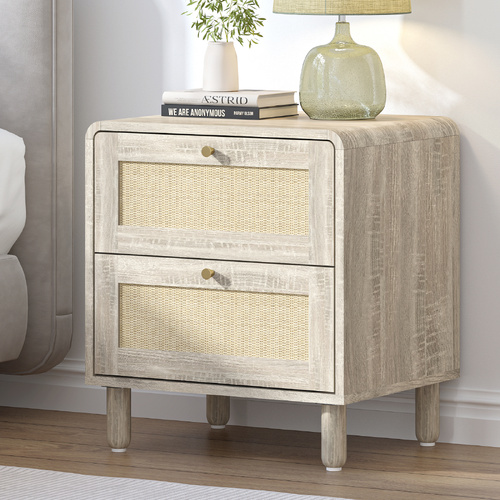 Natural Rattan Bedside Table – 2 Drawer Coastal Bedroom Cabinet