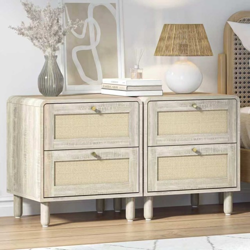 Natural Rattan Bedside Table Set of 2– 2 Drawer Coastal Bedroom Cabinet
