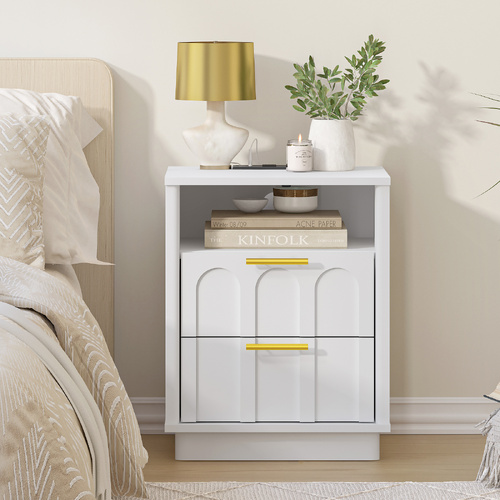 Opera White Bedside Table with Charging Station with Gold Handle for Bedroom Living