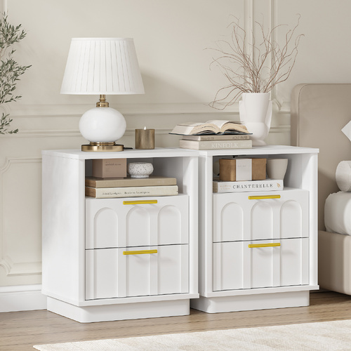 Opera White Bedside Table Set of 2 with Charging Station with Gold Handle for Bedroom Living
