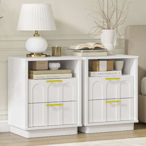 Opera White Bedside Tables  Set of 2 with Charging Station - Modern Bedroom Storage