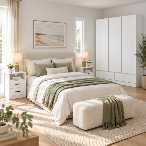 Noosa 3 Door 2 Drawer Wardrobe with White 2 Drawer Bedside Table Set of 2