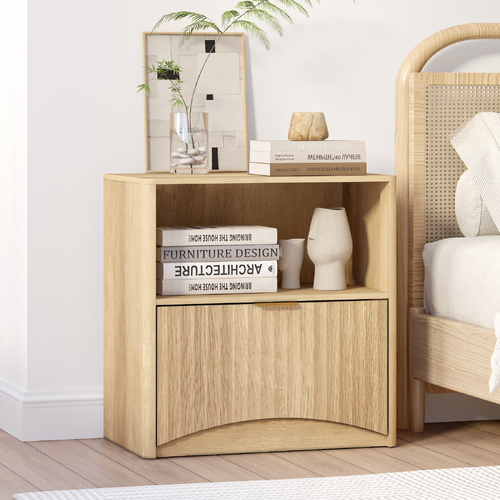 Natural Oak Bedside Table with Curved Front Drawer & Open Display Shelf