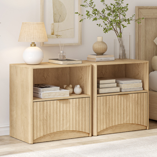 Natural Oak Bedside Table Set of 2 with Curved Front Drawer & Open Display Shelf
