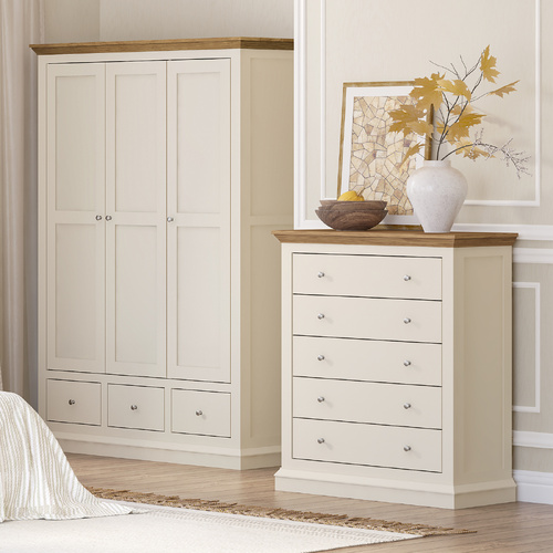 Hannah 3 Door 3 Drawer Wardrobe and 5 Drawer Chest of Drawers Dresser Storage Cabinet Bundle Sets