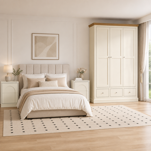 Cream White 3-Door Wardrobe and 2 Arch Drawer Bedside Tables Bedroom Furniture | Coastal Hamptons Full Bedroom Storage Set