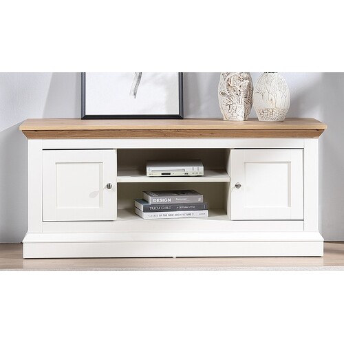 Hanna TV Unit White TV Entertainment Units TV Cabinet Two Doors with 2 Compartment Wide TV Stand 120cm (Cream & Pine Top) Living Room  Furniture 