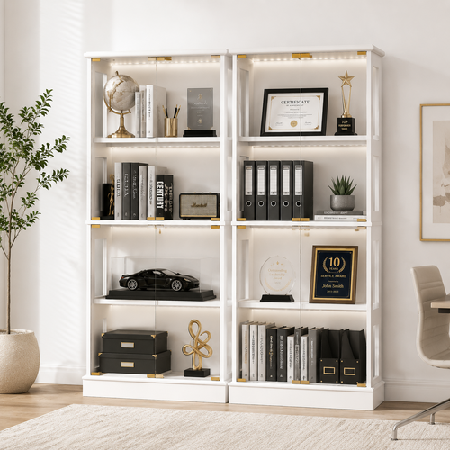 Modern Office Display Cabinet Set of 2 with LED Lighting & Glass Doors