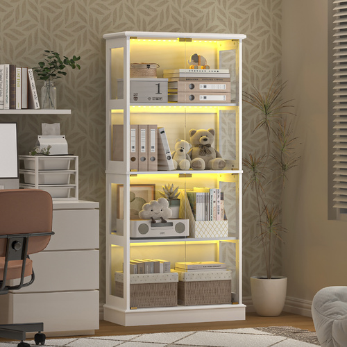 Display Cabinet 4 - Tier Shelves Storage LED Light Bookcase Stand Rack White