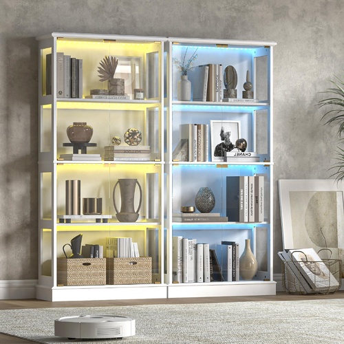 Display Cabinet 4 - Tier Shelves Set of 2 - Storage LED Light Bookcase Stand Rack White