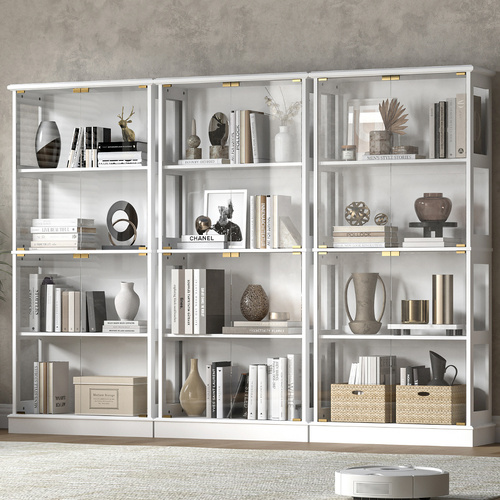 Aurora Display Cabinet Set of 3 Storage LED Light 4 - Tier Shelves Bookcase Stand Rack White