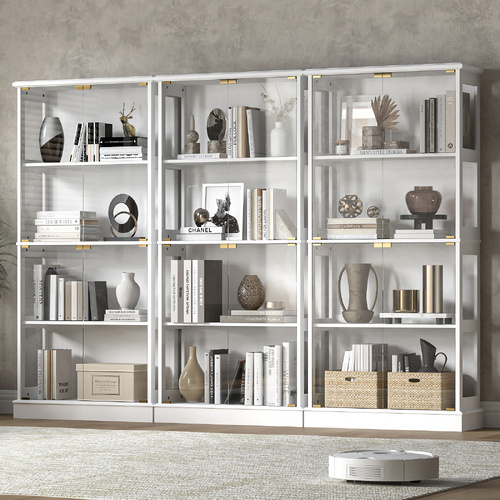 Aurora Display Cabinet Set of 3 Storage LED Light 4 - Tier Shelves Bookcase Stand Rack White
