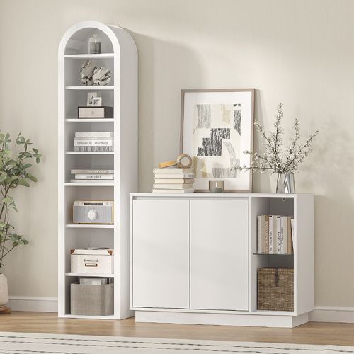 Slim Arch Bookshelf Bookcase Display Cabinet 8-Tier Stand Rack and White Sideboard Buffet Storage Cabinet