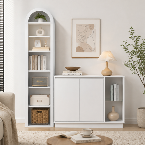 Slim Arch Bookshelf Bookcase Display Cabinet 8-Tier Stand Rack and White Sideboard Buffet Storage Cabinet