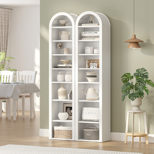 Opera Arch Display Cabinet Set of 2 Bookshelf Bookcase  8-Tier Storage Stand Rack White