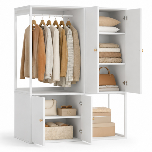 White Closet System with Hanging Rail and Closet Organizer Wardrobe Garment Rack with Shelves 